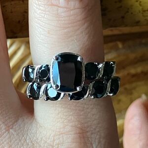 Natural Black Spinel Sterling Silver Ring Set Size 9